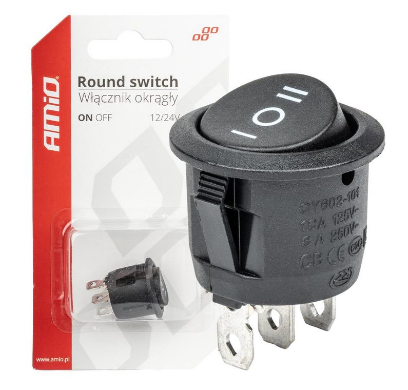 Kolískový okrúhly prepínač AMIO ON/OFF, 12/230V, čierny