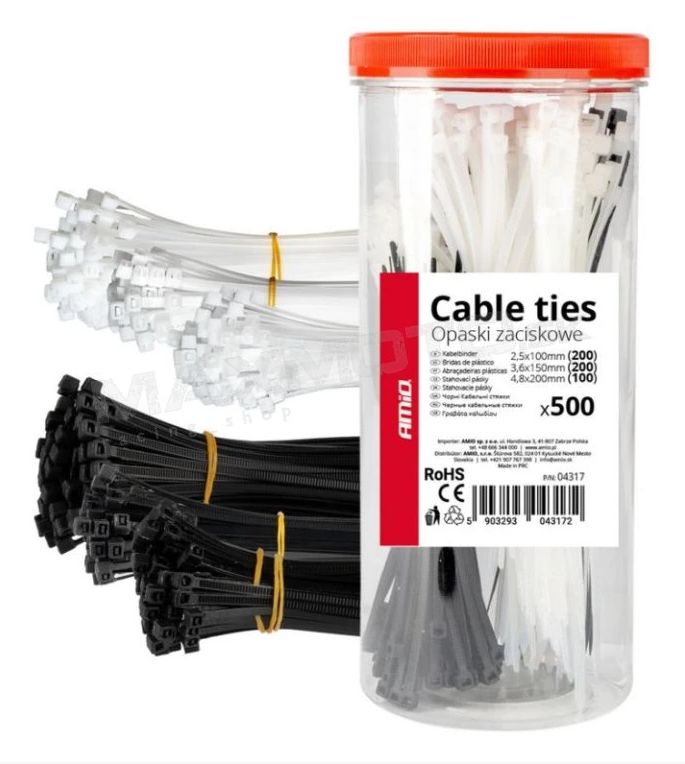 Sťahovacie pásky AMIO, biele/ čierne, 500ks