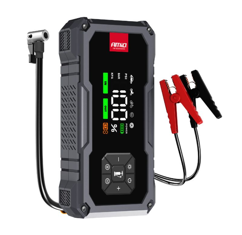 Štartovacie zariadenie AMIO 4in1 s kompresorom, powerbankou a LED baterkou, 12V, 04674