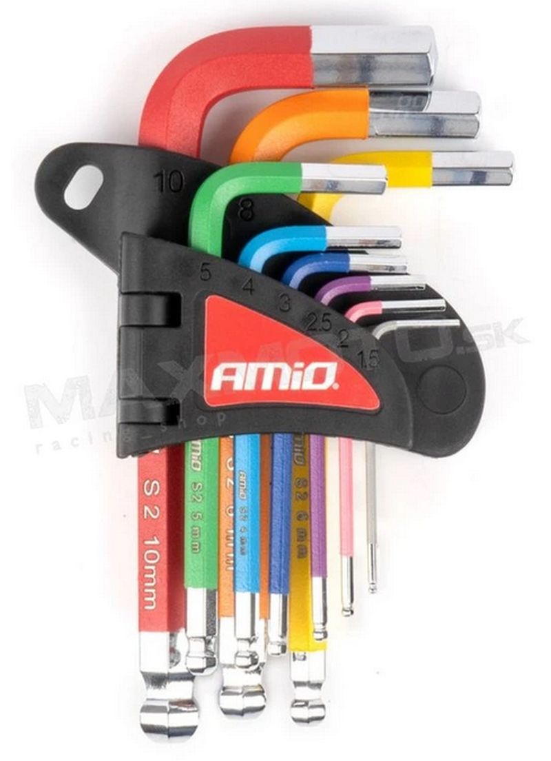 Imbusové kľúče HEX s guľôčkou z S2 ocele, farebné, 9 ks 