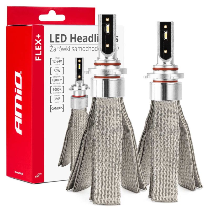 LED žiarovky hlavného svietenia AMIO FLEX+ HB3 9005/HIR1 9011/H10 canbus 6000K 12V 24V