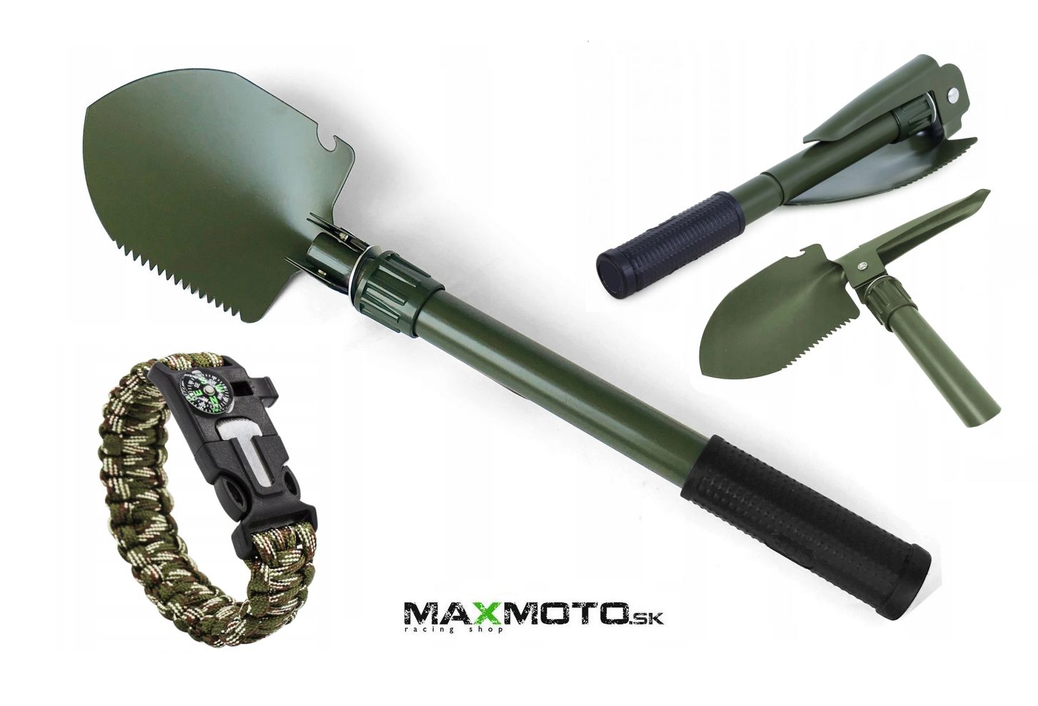 Malá skladacia lopata a náramok s kompasom