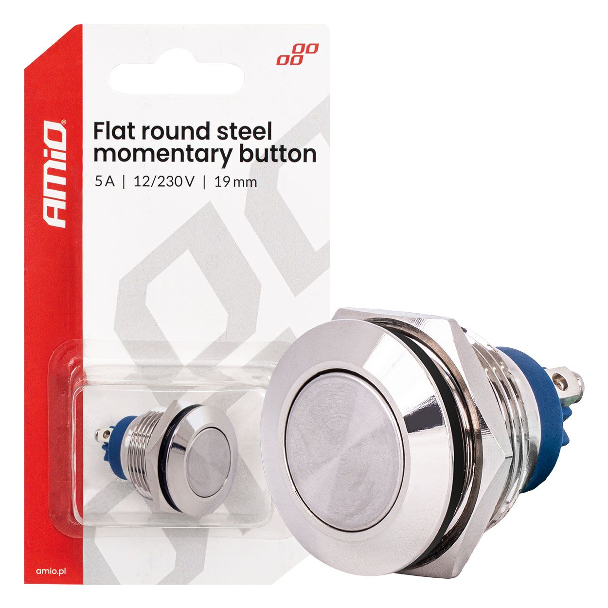 Momentové tlačidlo ploché okrúhle oceľové 19 mm 5 A 12/230 V 04436