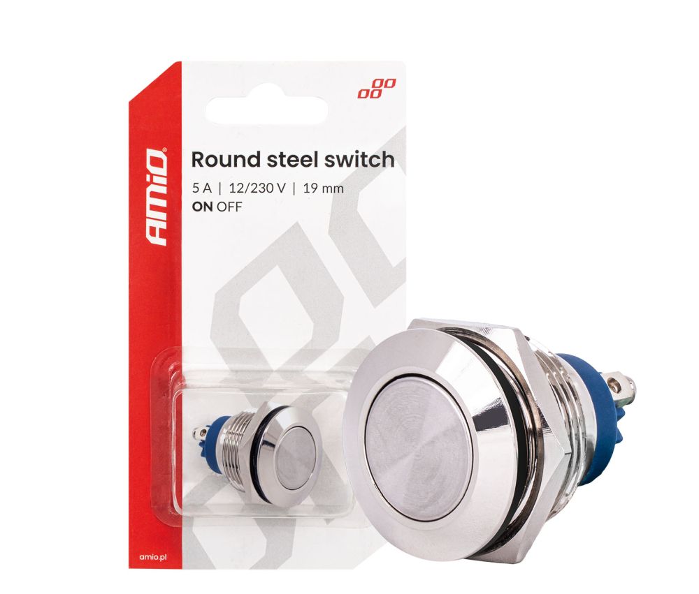 Prepínač plochý oceľový ON/OFF 19mm 5A 12/230V 04474