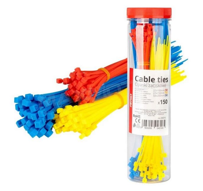 Sťahovacie pásky AMIO, farebné (modrá/ červená/ žltá), 150ks