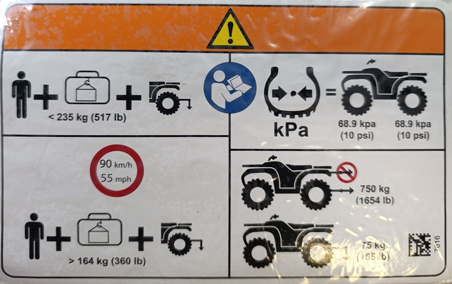 Výstražna nálepka tlaku v pneumatikách CAN-AM Outlander 650/ 850/ 1000, 19-24, 704907616